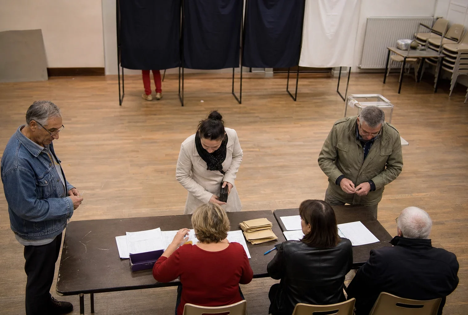 Dans une salle de vote, une table d’émargement et des isoloirs pour la primaire socialiste.