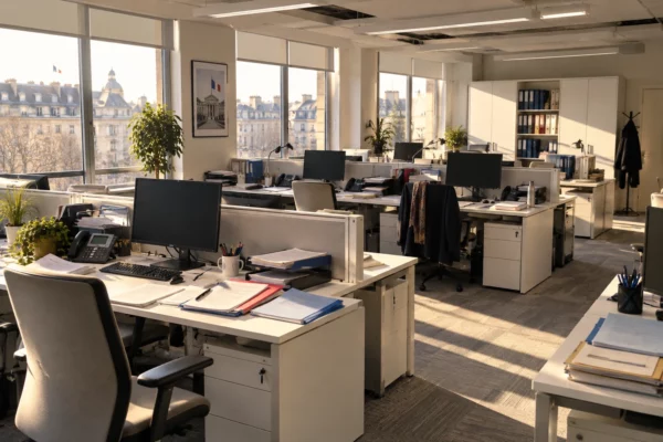 Bureaux administratifs avec écrans éteints, dossiers ouverts et postes de travail baignés par un soleil hivernal bas.