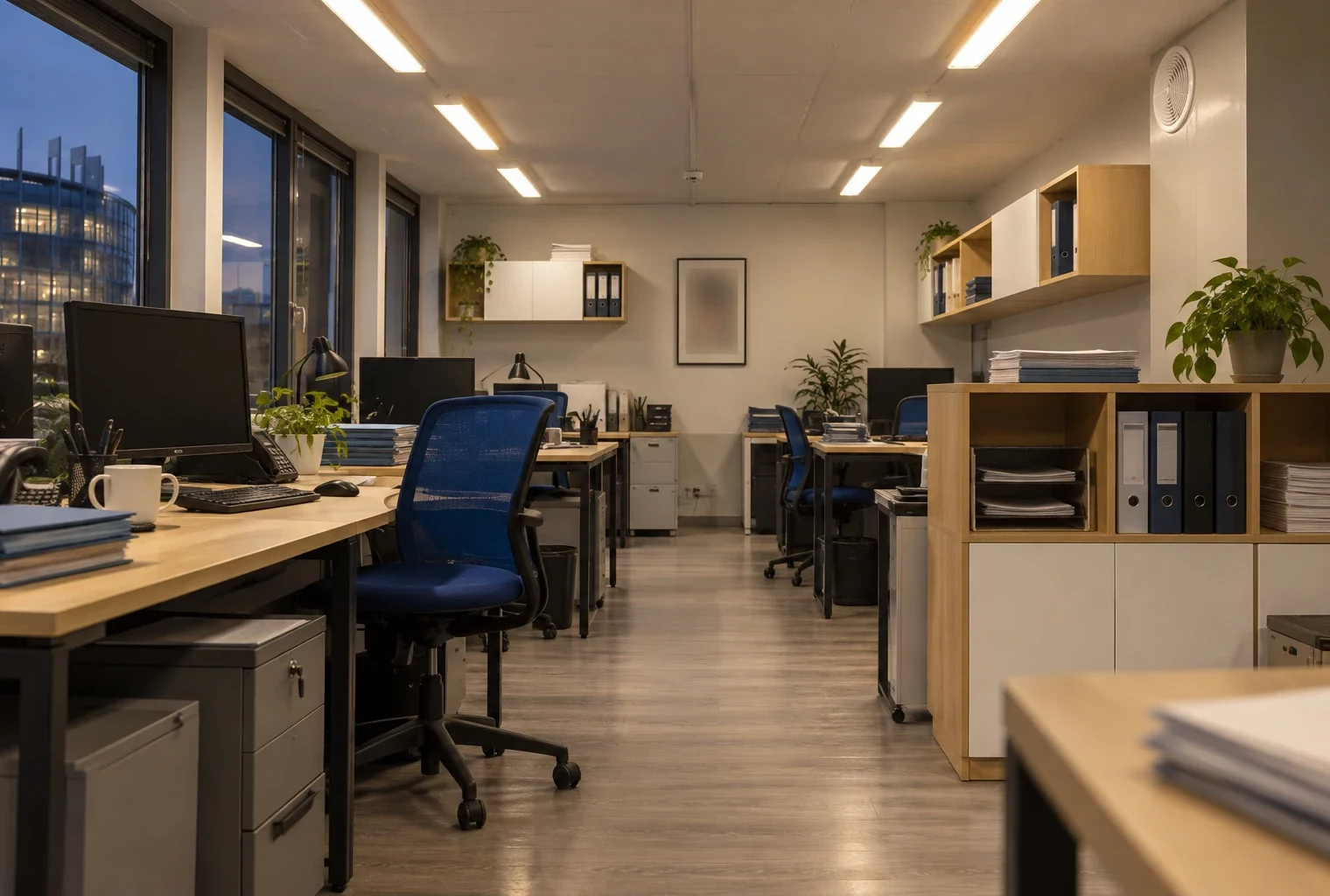 Postes de travail et dossiers fermés dans un bureau administratif parlementaire, avec rangements sobres et matériel informatique.
