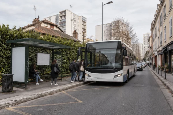 Un autobus de transport en commun est arrêté près d’un abribus, le long d’un trottoir bordé d’immeubles et de commerces.