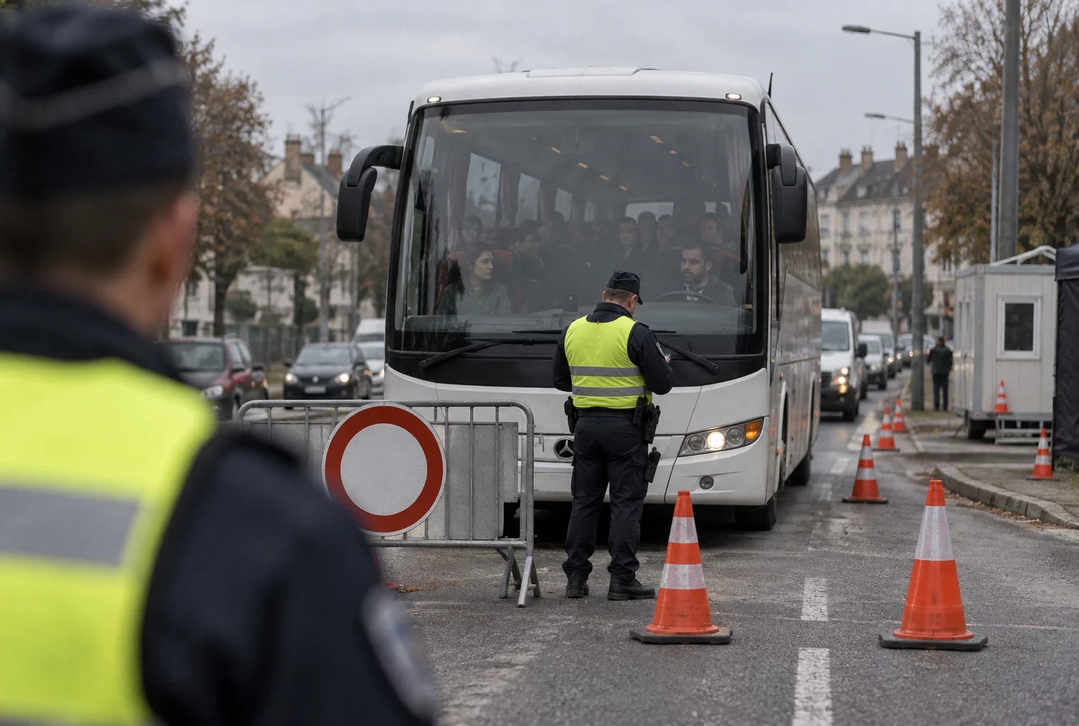 Un bus transportant des manifestants est contrôlé derrière une barrière mobile, sur une voie urbaine bordée de bâtiments ordinaires.