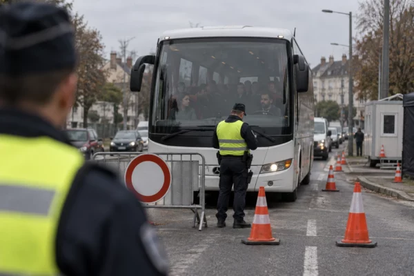 Un bus transportant des manifestants est contrôlé derrière une barrière mobile, sur une voie urbaine bordée de bâtiments ordinaires.