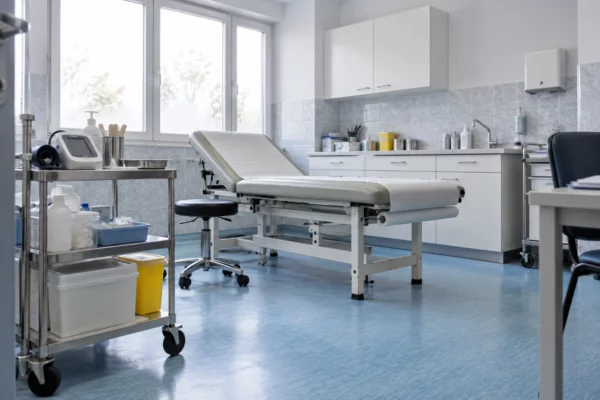 Salle de consultation de médecine générale avec table d’examen, chariot de matériel médical, plan de travail et lavabo.