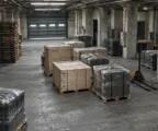 Dans un entrepôt sobre, des caisses renforcées et des palettes d’équipements défensifs emballés attendent leur transport parmi des rayonnages usés.