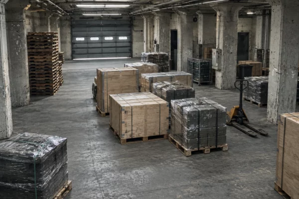 Dans un entrepôt sobre, des caisses renforcées et des palettes d’équipements défensifs emballés attendent leur transport parmi des rayonnages usés.