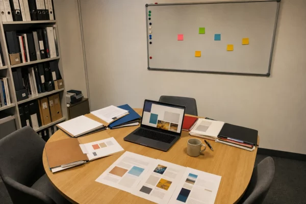 Bureau de préparation d’un financement participatif avec ordinateur ouvert, dossiers de lancement et feuilles de calendrier sur une table ronde.