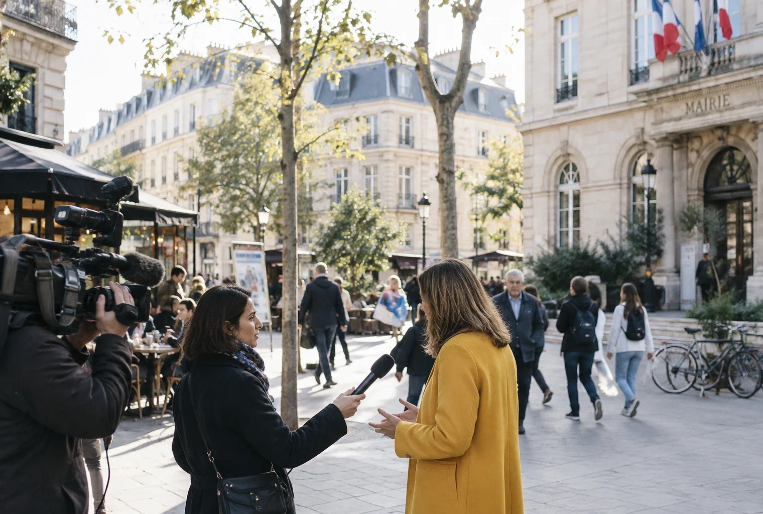 Une candidate anonyme échange avec un journaliste sur une place parisienne, près d’une mairie et de passants.