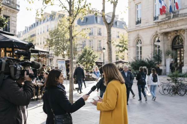 Une candidate anonyme échange avec un journaliste sur une place parisienne, près d’une mairie et de passants.