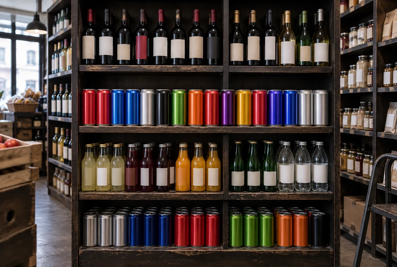 Des canettes de boissons énergisantes sans marque alignées sur une étagère de commerce, parmi d’autres boissons et des rayons usés.