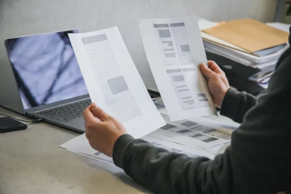 Des captures d’écran contestées et des documents imprimés posés sur une table de travail, avec un ordinateur ouvert à côté.