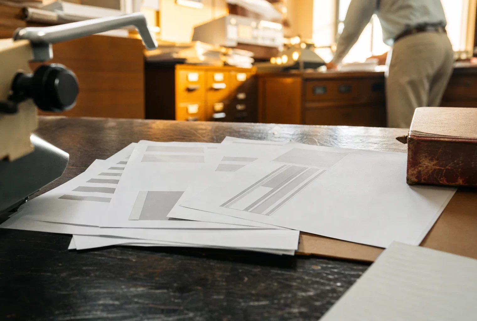 Dossier de constat sur bureau usé, feuilles imprimées floues et classeurs en arrière-plan dans une étude française.
