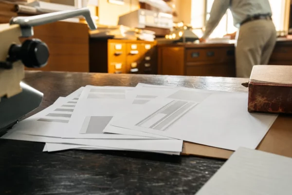 Dossier de constat sur bureau usé, feuilles imprimées floues et classeurs en arrière-plan dans une étude française.