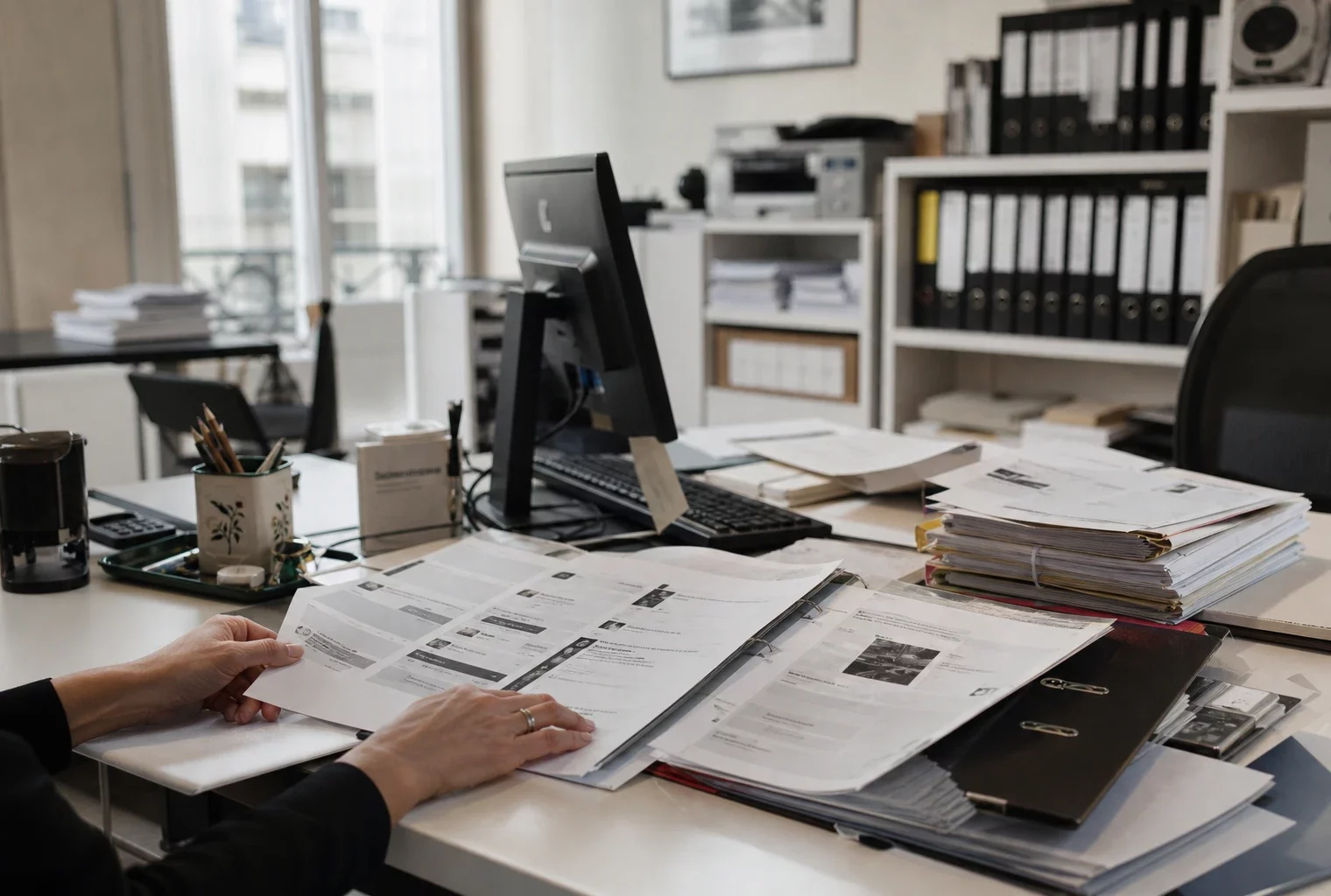 Dossier d’enquête sur un bureau de commissaire de justice avec feuilles imprimées, ordinateur, étagères et lumière du jour froide.