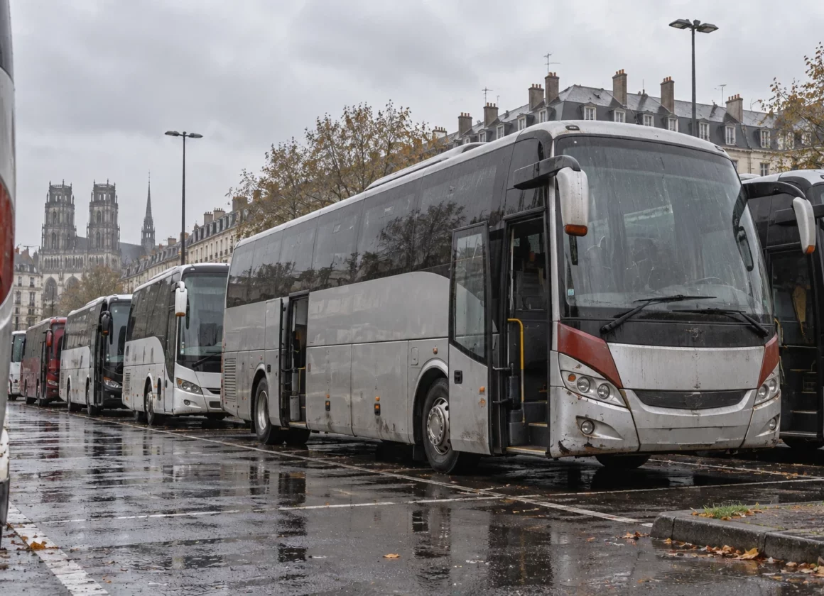 Des autocars stationnés sur une aire urbaine mouillée, entre marquages au sol effacés et bâtiments ordinaires.