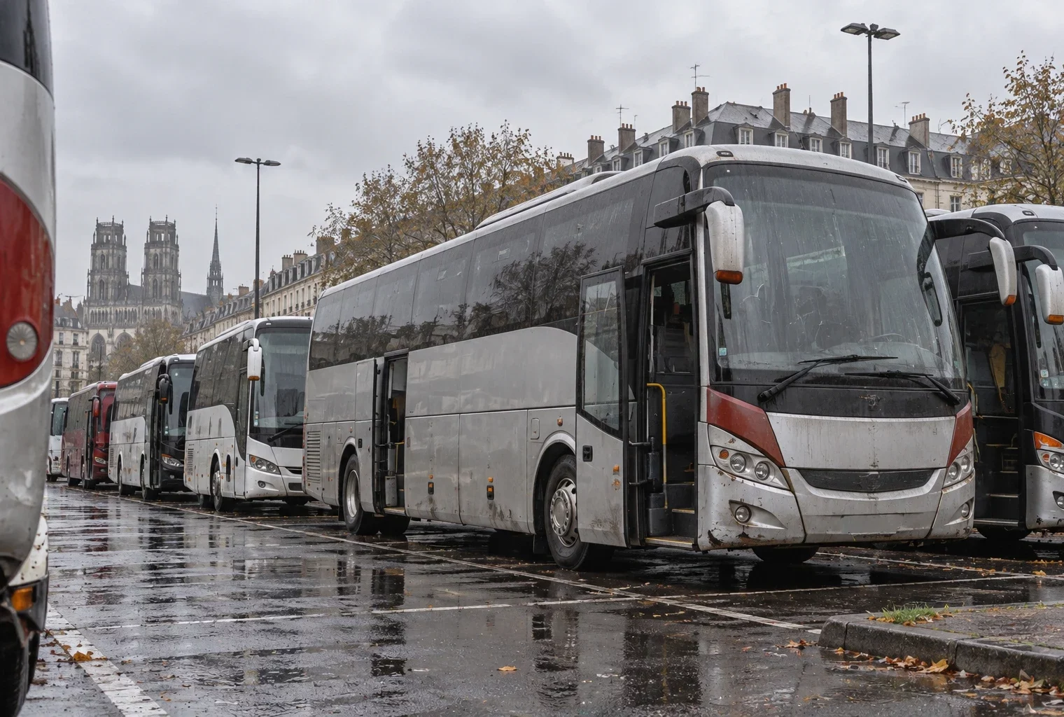 Des autocars stationnés sur une aire urbaine mouillée, entre marquages au sol effacés et bâtiments ordinaires.