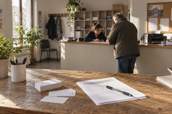 Cartes d’adhésion vierges et formulaires sans texte lisible sur le comptoir d’une permanence politique française.