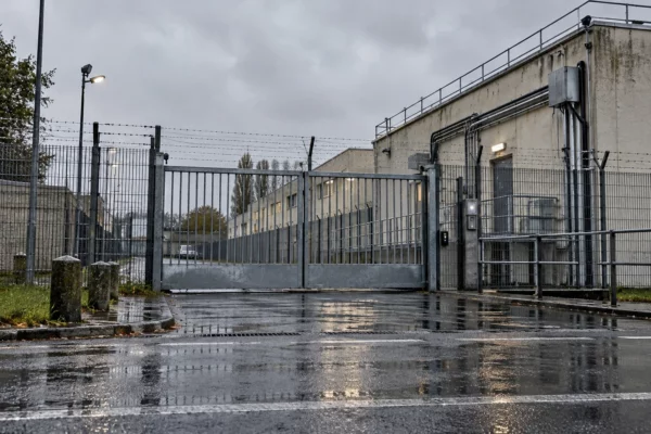 Portail fermé et clôture métallique devant la façade fonctionnelle d’un centre de rétention, sous une pluie fine.