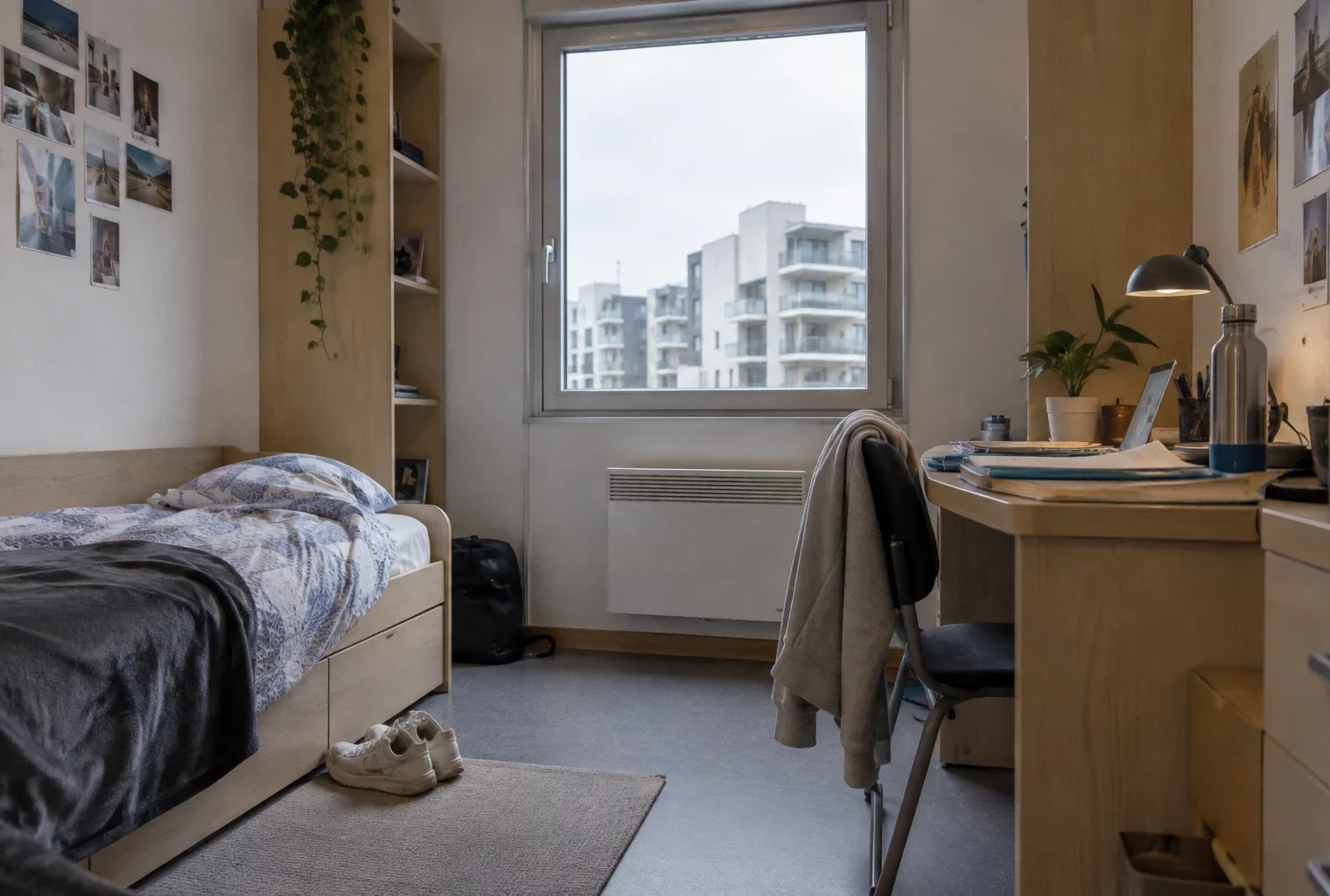 Chambre étudiante avec un lit étroit, un petit bureau couvert de cahiers et des immeubles résidentiels visibles par la fenêtre.