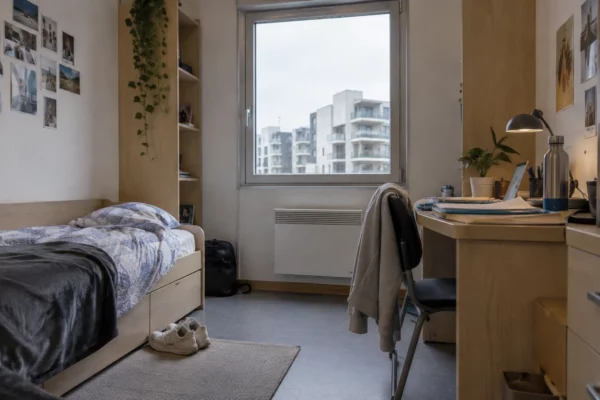 Chambre étudiante avec un lit étroit, un petit bureau couvert de cahiers et des immeubles résidentiels visibles par la fenêtre.