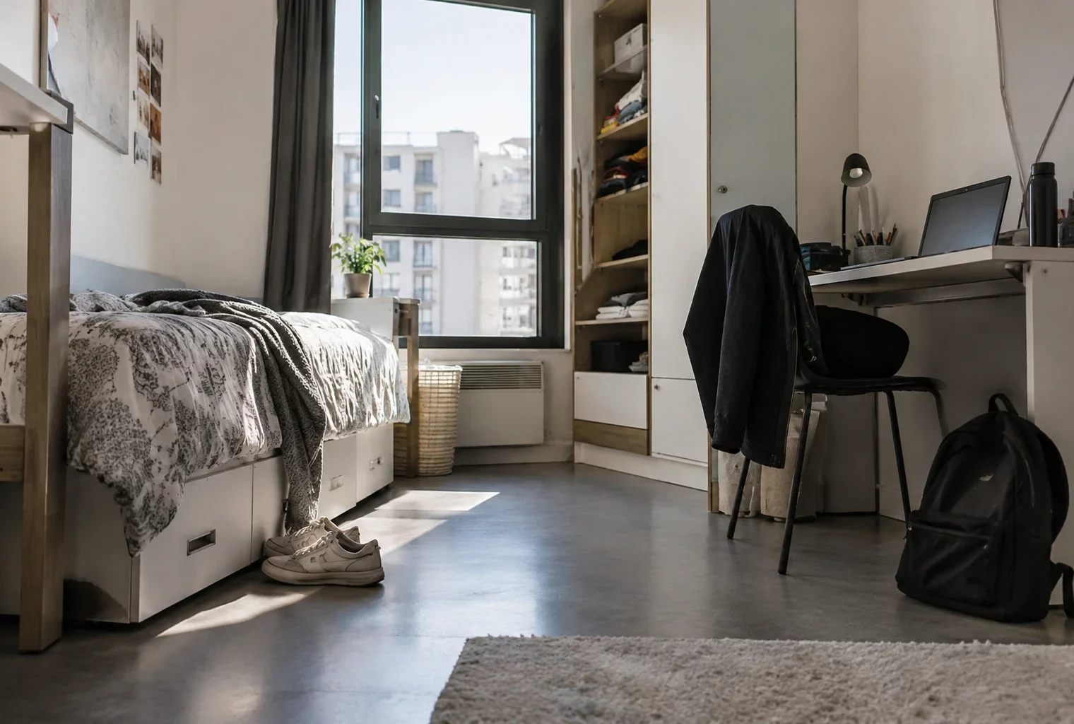 Chambre de résidence étudiante avec un lit, un bureau compact et un sac posé près de la chaise, face à une fenêtre.