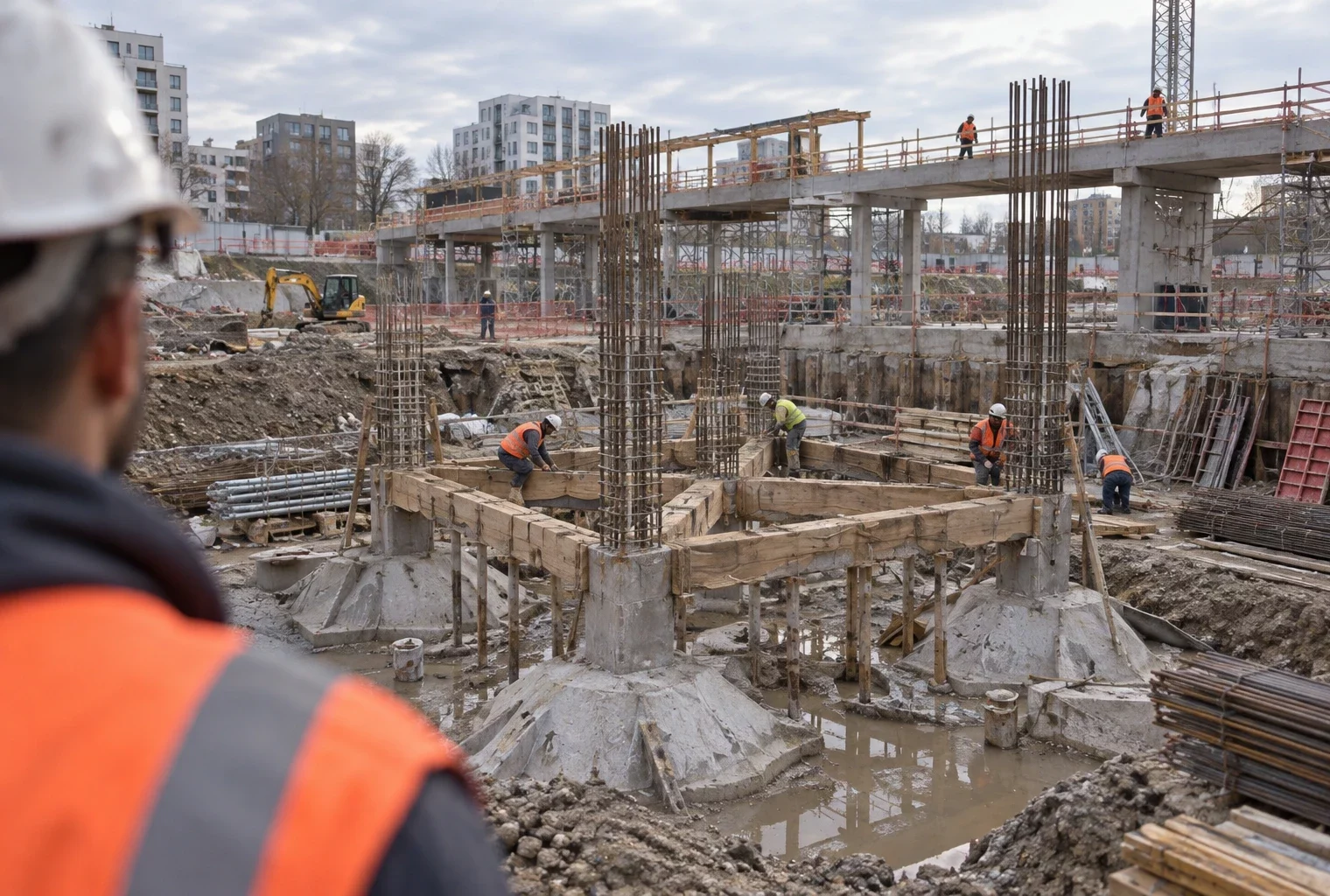 Fondations en béton et armatures sur un chantier hospitalier, avec une passerelle en cours d’assemblage et des ouvriers au travail.