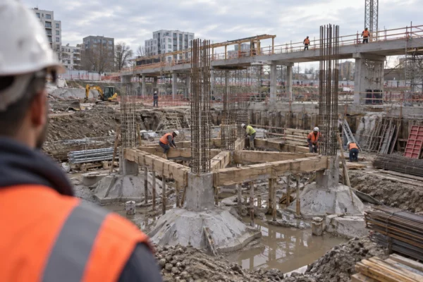Fondations en béton et armatures sur un chantier hospitalier, avec une passerelle en cours d’assemblage et des ouvriers au travail.