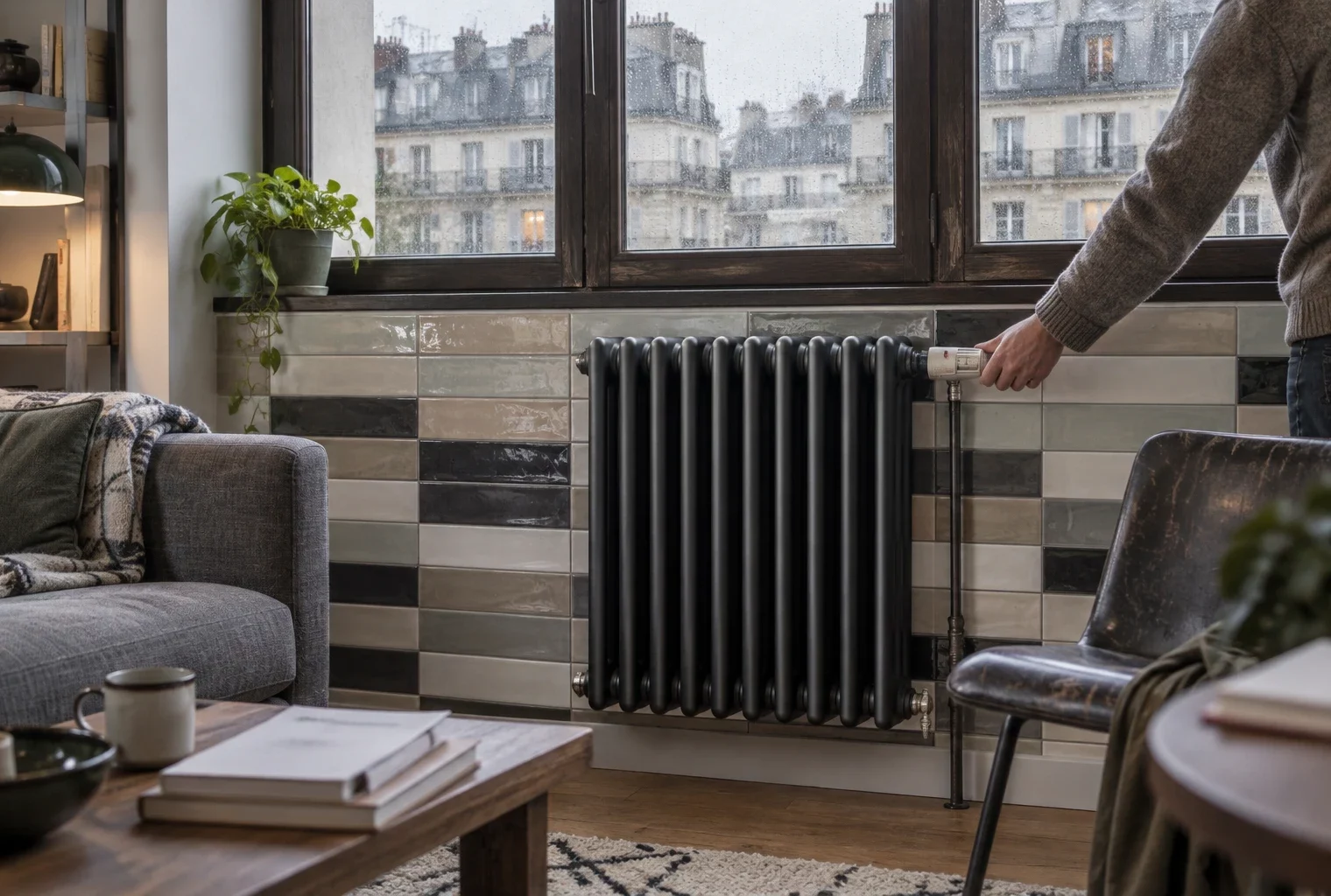 Dans un logement, une main règle le thermostat d’un radiateur sous une fenêtre donnant sur des immeubles résidentiels.