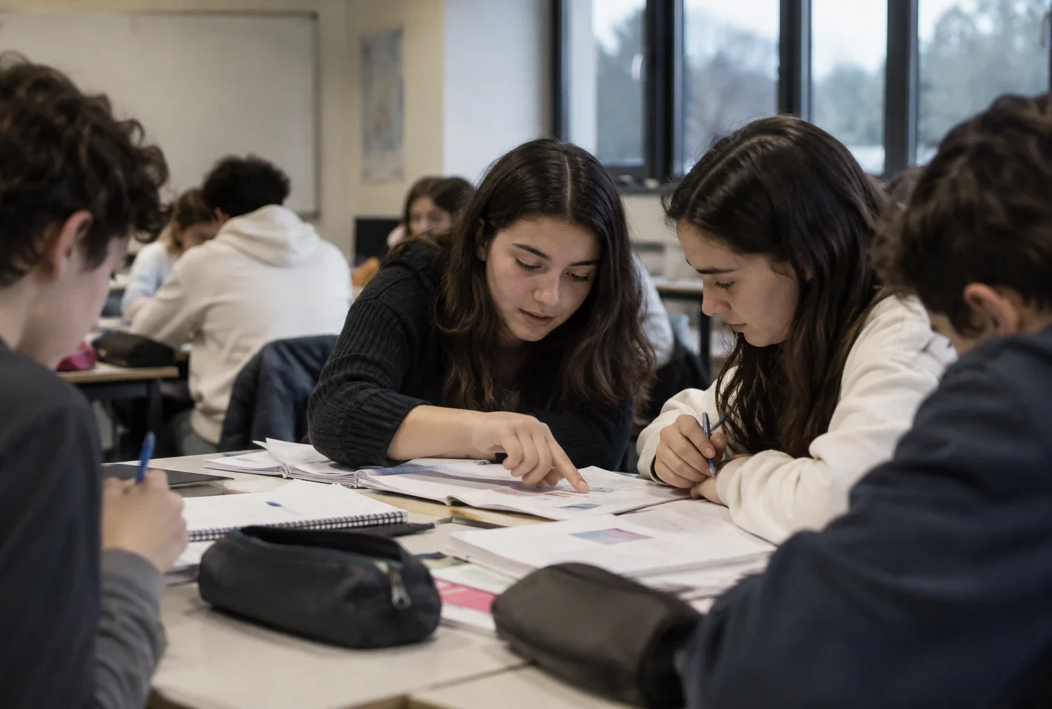 Salle de collège avec des tables réunies en petits îlots et des cahiers ouverts, aménagée pour le travail en groupe.