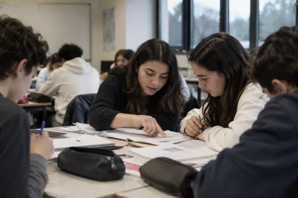 Salle de collège avec des tables réunies en petits îlots et des cahiers ouverts, aménagée pour le travail en groupe.