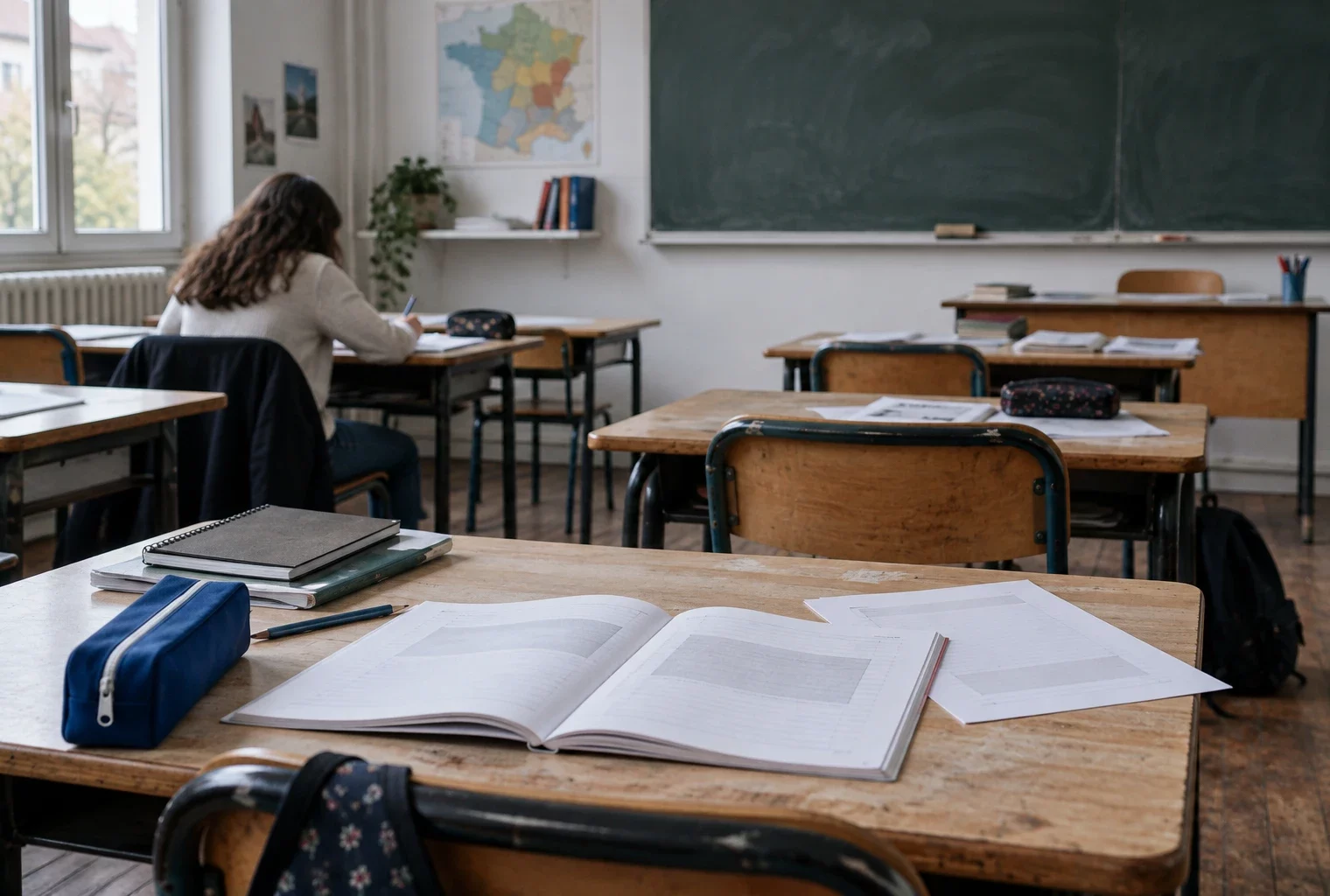Cahiers ouverts sur des pupitres usés dans une salle de classe, avec tableau et matériel pédagogique pour un cours de langue régionale.