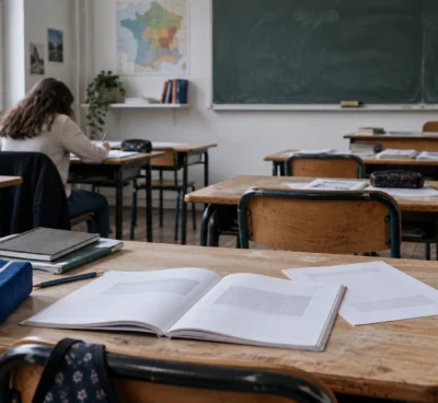 Cahiers ouverts sur des pupitres usés dans une salle de classe, avec tableau et matériel pédagogique pour un cours de langue régionale.