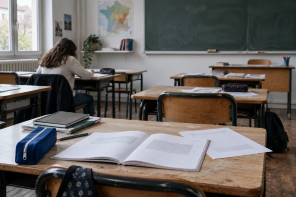 Cahiers ouverts sur des pupitres usés dans une salle de classe, avec tableau et matériel pédagogique pour un cours de langue régionale.