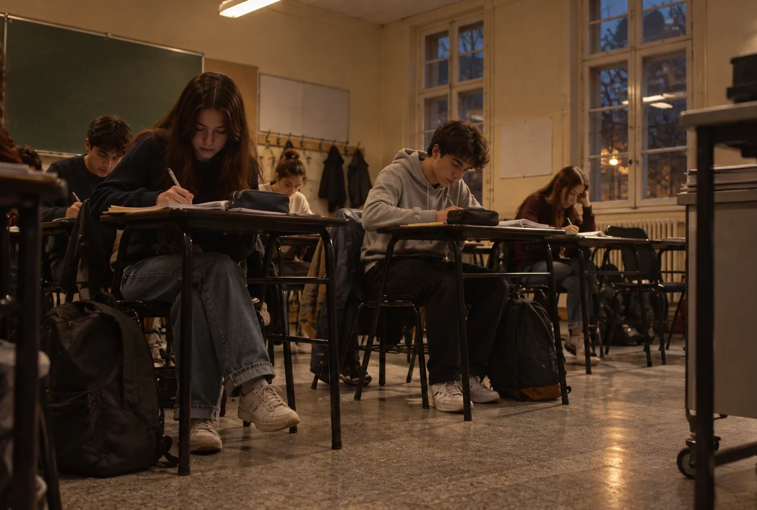 Salle de classe aux tables serrées, où quelques élèves travaillent parmi des sacs et cahiers ouverts, devant un tableau vierge.
