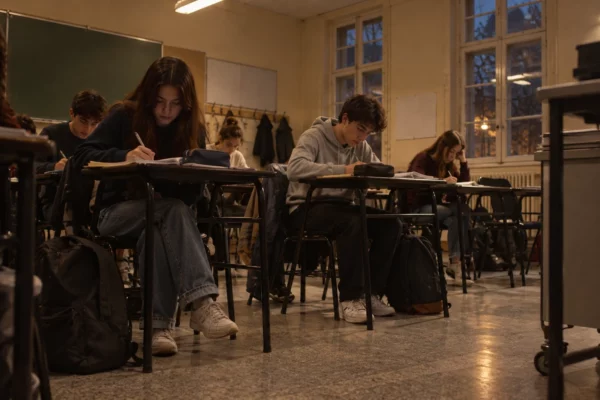 Salle de classe aux tables serrées, où quelques élèves travaillent parmi des sacs et cahiers ouverts, devant un tableau vierge.