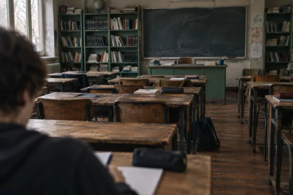 Salle de classe de lycée aux tables serrées et usées, avec chaises dépareillées, fournitures éparses et tableau mural.