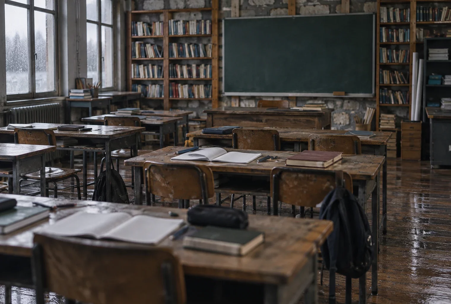 Dans une salle de classe vide, des tables en bois usées, des cahiers ouverts et du matériel scolaire évoquent un cours interrompu.