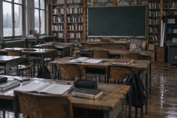 Dans une salle de classe vide, des tables en bois usées, des cahiers ouverts et du matériel scolaire évoquent un cours interrompu.