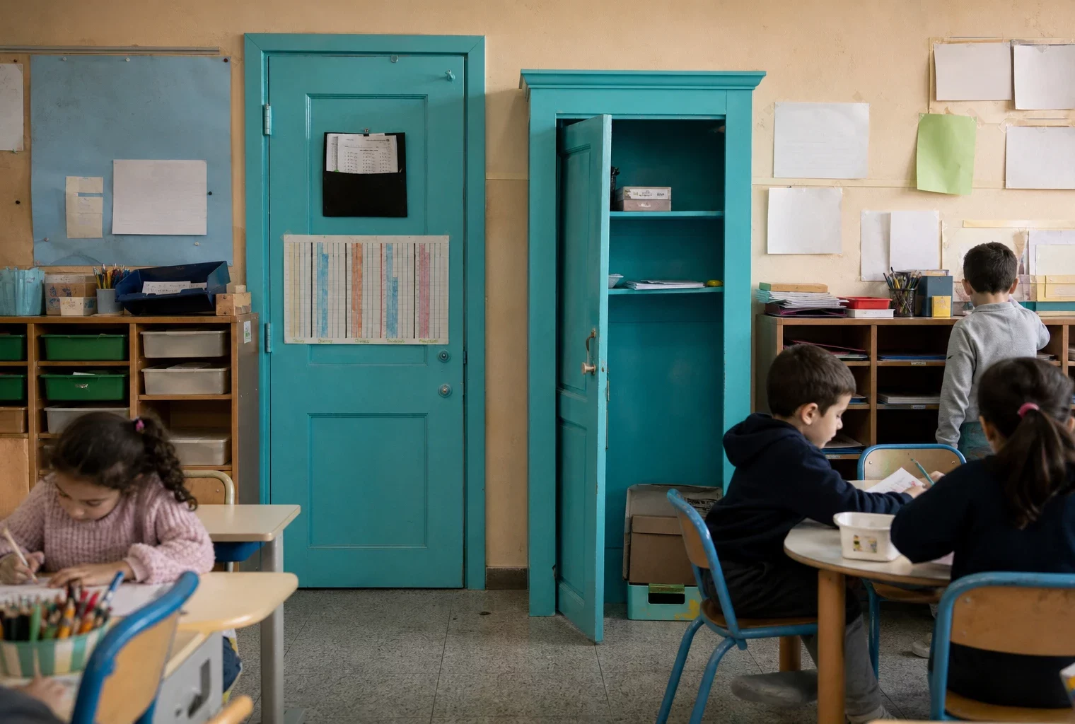 Classe de maternelle française en usage, tables d’enfants, mobilier usé, affichages neutres et lumière douce