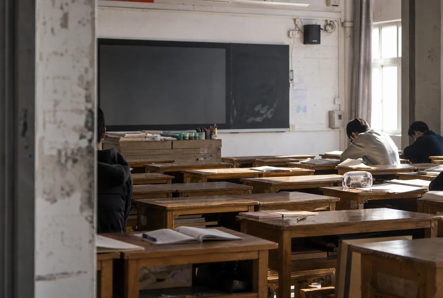 Classe de lycée en France, rangées de bureaux usés, tableau au fond et cahiers ouverts, lumière dure en contre-jour.
