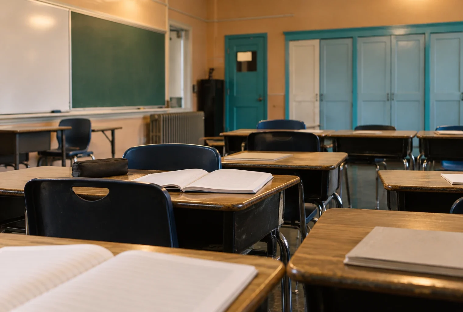 Tables d’élèves rapprochées et cahiers dans une salle de classe usagée, avec tableau mural et radiateur en arrière-plan.