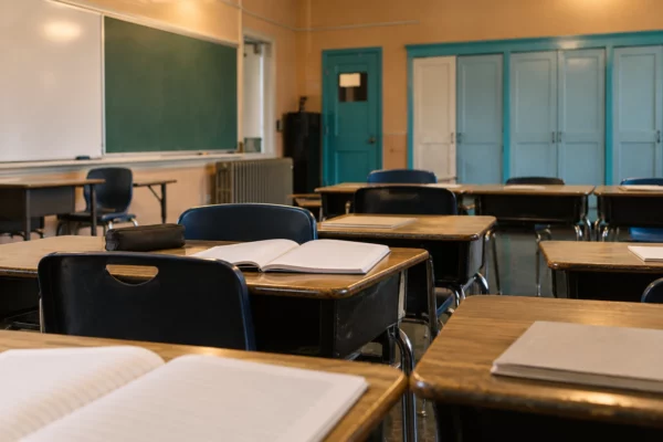 Tables d’élèves rapprochées et cahiers dans une salle de classe usagée, avec tableau mural et radiateur en arrière-plan.