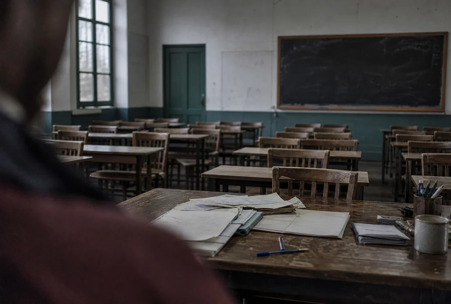 Salle de classe de lycée vide en France, pupitres usés et tableau noir sous une lumière grise et pluvieuse.