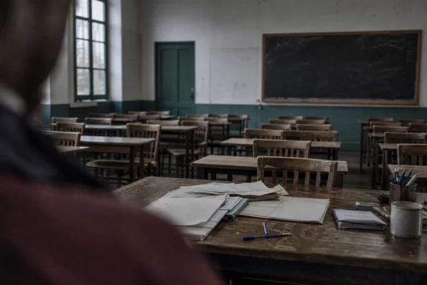 Salle de classe de lycée vide en France, pupitres usés et tableau noir sous une lumière grise et pluvieuse.
