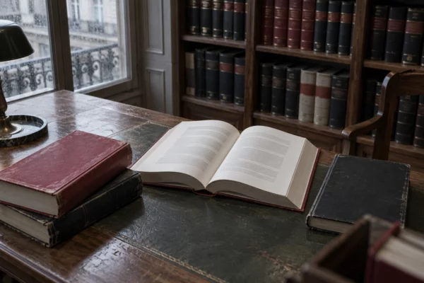 Un code juridique ouvert sur une table de bibliothèque, entouré d’autres volumes, devant des rayonnages de droit.