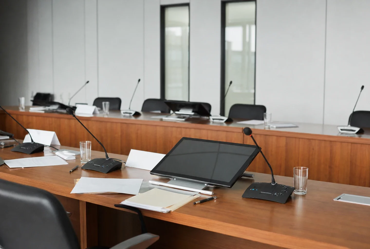 Salle de colloque institutionnelle à l’hôtel de Lassay, avec table en bois, micros, verres d’eau et rangées de chaises.