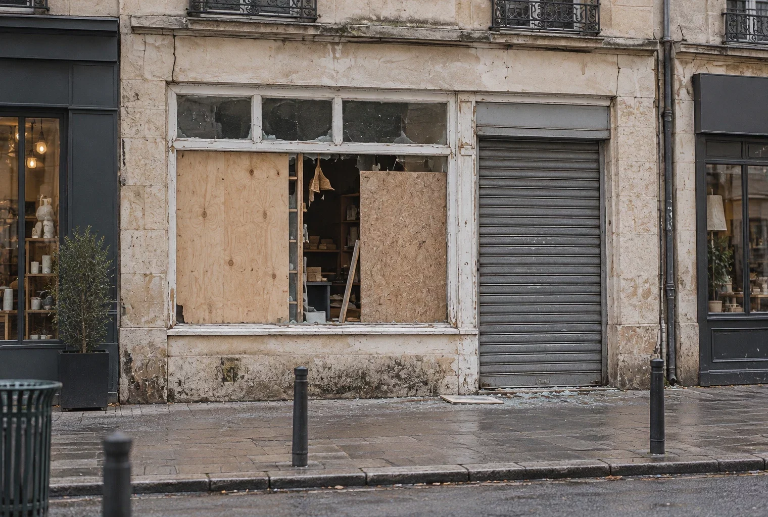 Devanture de commerce fermée après des pillages, avec rideau métallique, vitrine protégée et quelques débris sur le trottoir.