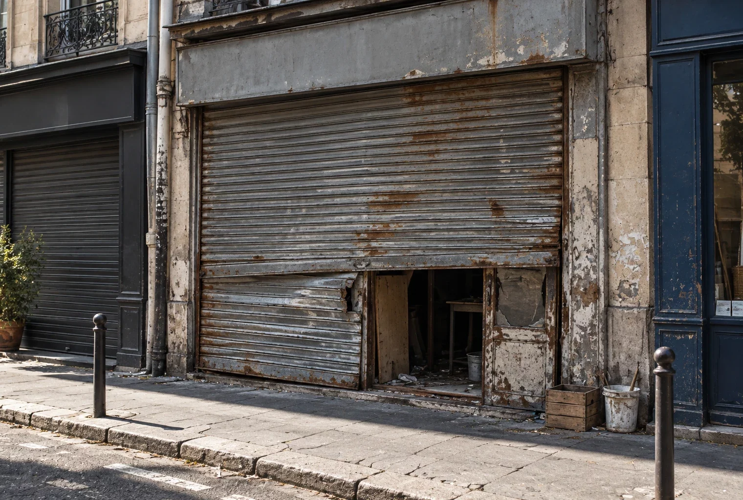 Devanture de commerce endommagée et fermée, avec rideau métallique baissé, maçonnerie écaillée et trottoir usé.