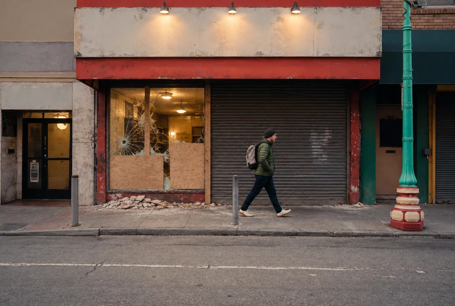 Une boutique fermée, au rideau métallique baissé et à la vitrine protégée par des panneaux, attend sa remise en état dans une rue commerçante.