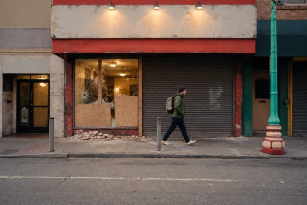 Une boutique fermée, au rideau métallique baissé et à la vitrine protégée par des panneaux, attend sa remise en état dans une rue commerçante.