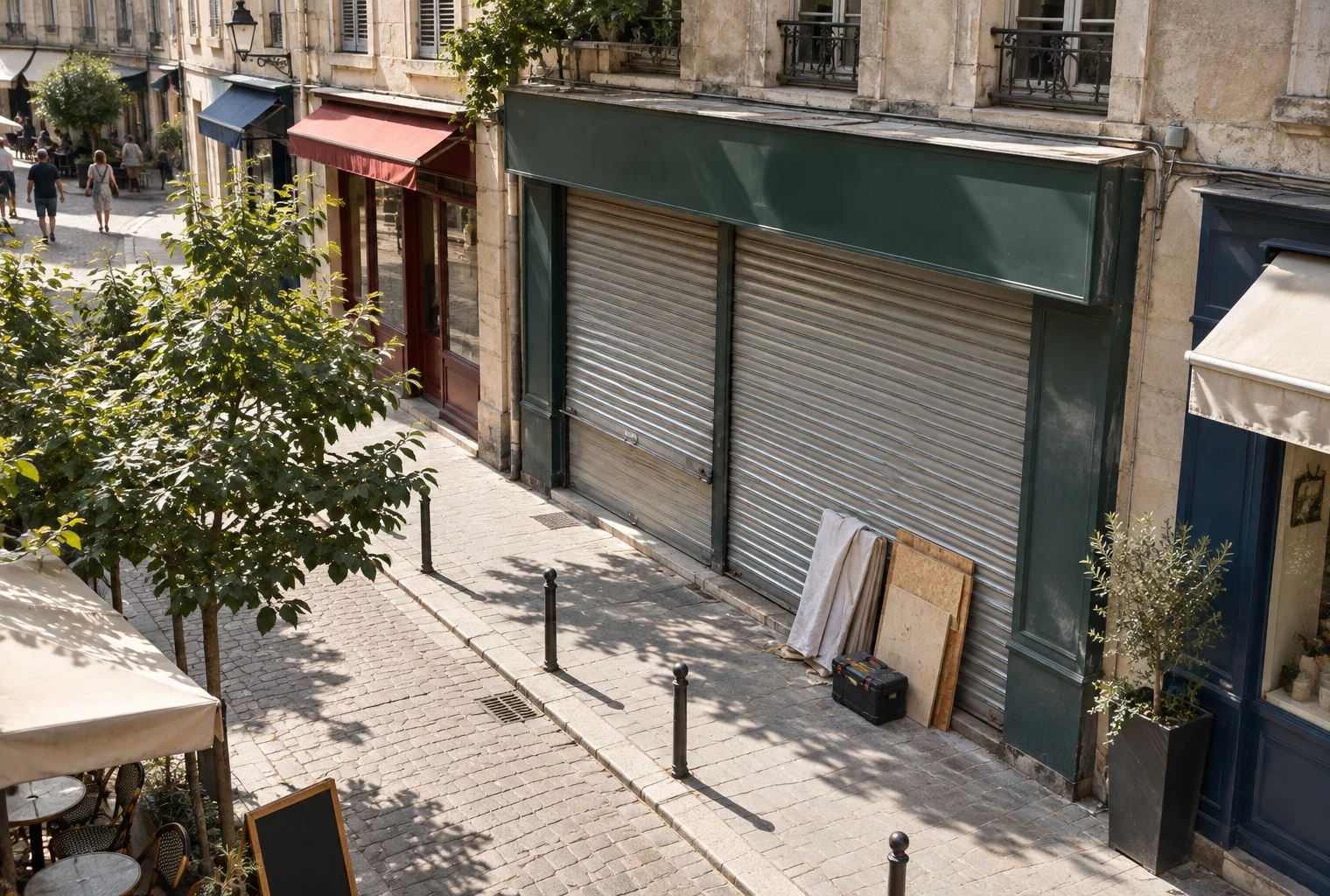 Devanture de commerce fermée dans une rue, avec volet métallique et quelques matériaux de réparation posés au seuil.